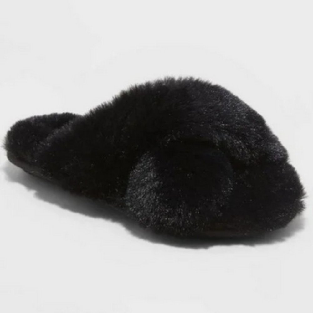 Girls' Brooklyn Crossband Fur Slippers - Cat & Jack™ Black S 13/1